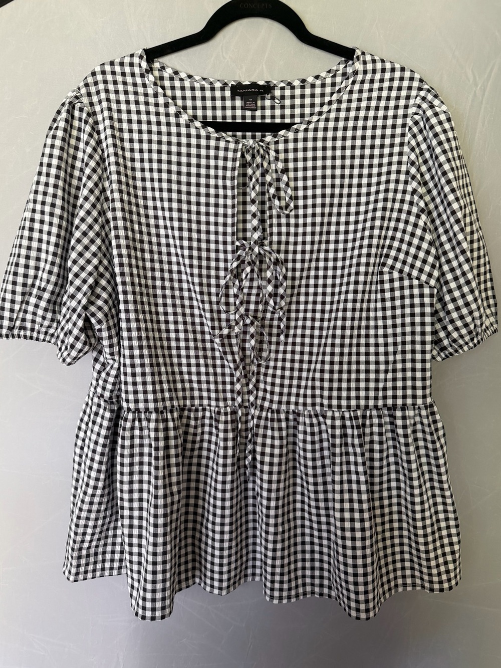 Tamara H Gingham Peplum Blouse 1X Black White Tie Front